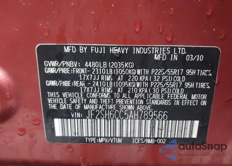 2010 Subaru Forester 2.5X Premium z USA, uszkodzony, nr VIN JF2SH6CC5AH789566